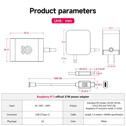 27W USB-C Power Supply for Raspberry Pi 5