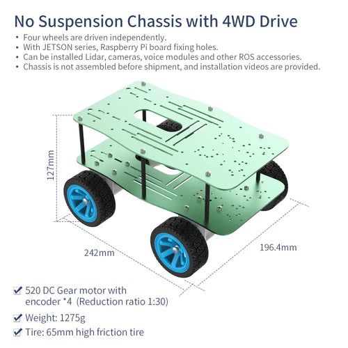 Yahboom Aluminum Alloy ROS Robot Car Chassis--4WD chassis