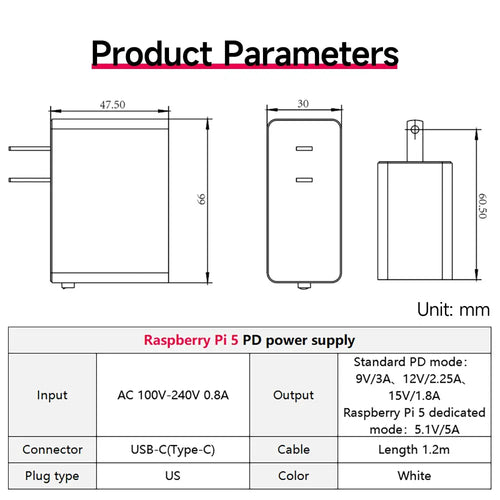 Yahboom 27W 5.1V/5A USB-C PD Power Supply for Raspberry Pi 5