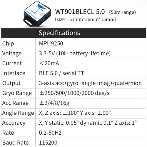 WITMOTION WT901BLECL MPU9250 High-Precision 9-Axis Gyroscope, Accelerometer, Magnetometer, 3-Axis Bluetooth AHRS IMU Sensor for Arduino