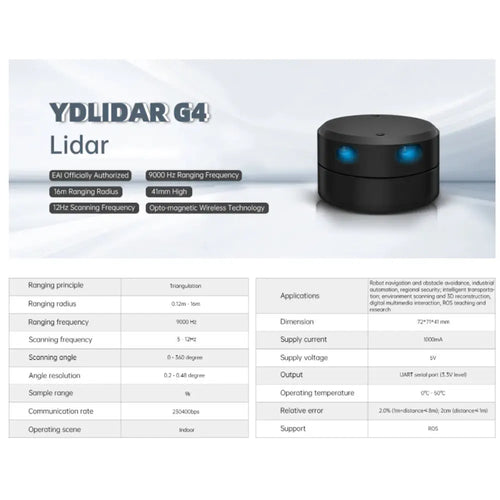 YDLIDAR G4 Lidar Triangulation, 36deg 16m Range for ROS1 &amp; ROS2