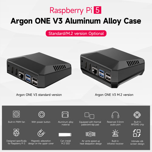 Raspberry Pi 5 Argon ONE V3 M.2 Aluminm Case Kit Built-in 30mm PWN Cooling Fan
