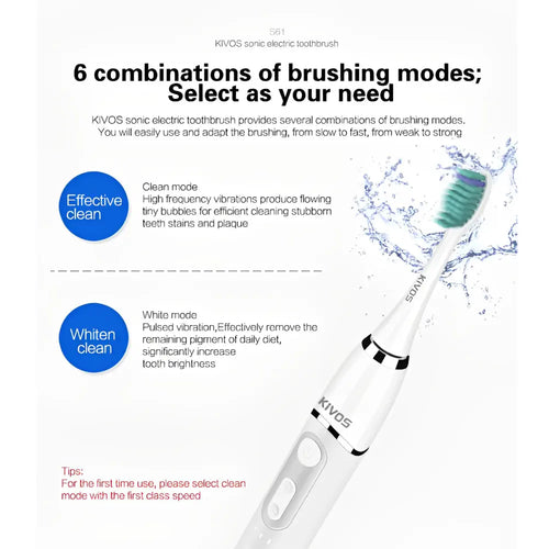 KIVOS Sonic Electric Rechargeable Toothbrush, Perfect For Adults Improve Oral Health Comfortable Cleaning with 2 DuPont Brush Heads - White