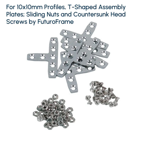 For 10x10mm Profiles, T-Shaped Assembly Plate (6 Pieces); Sliding Hex Nut M3 (50 Pieces) and Countersunk Head Screw M3x4mm (50 Pieces)