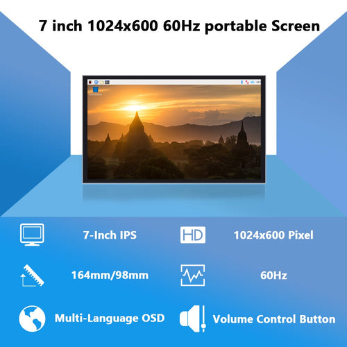 7-Inch 1024x600 IPS Display 60Hz Portable Monitor for RPi Windows PC (No Touch)