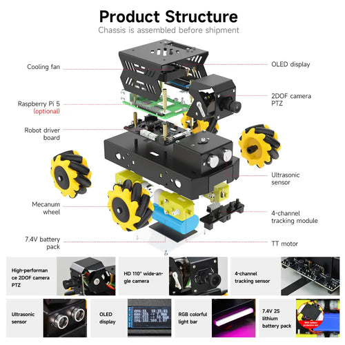 Yahboom AI Vision Robot Raspberry Pi 5 Car with 2DOF HD Camera Support Python Progamming Open Source DIY Robot Kit for 16+ Teens(With RPi 8G Board)