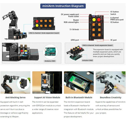 miniArm Open Source AI Robotic Arm Support Sensor Expansion, Arduino Programming (Standard Kit)