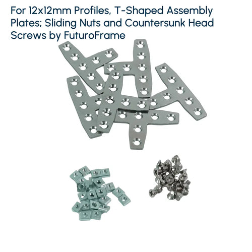 For 12x12mm Profiles, T-Shaped Assembly Plate (6 Pieces); Sliding Nut M3 (50 Pieces) and Countersunk Head Screw M3x4mm (50 Pieces)