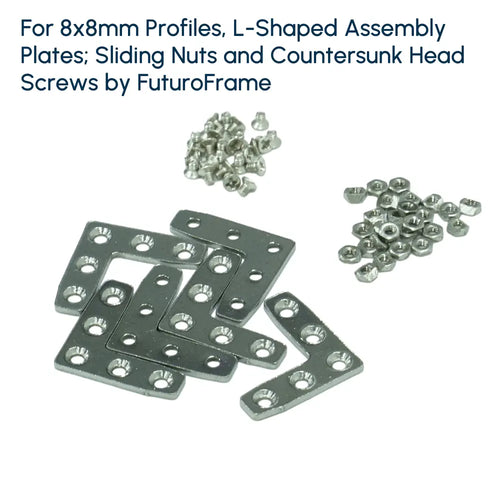 For 8x8mm Profiles, L-Shaped Assembly Plate (6 Pieces); Sliding Hex Nut M2 (50 Pieces) and Countersunk Head Screw M2x3mm, (50 Pieces)