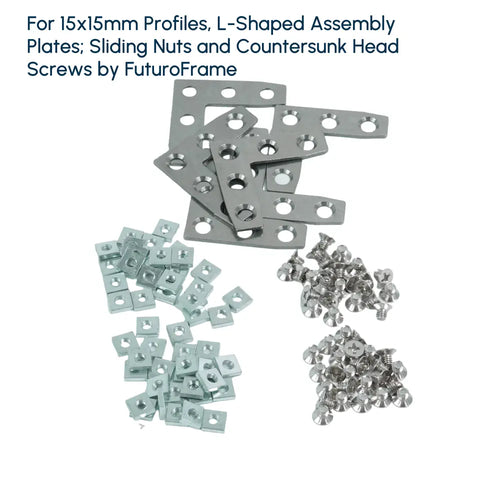 For 15x15mm Profiles, L-Shaped Assembly Plates (6 Pieces); Sliding Nut (50 Pieces) and Countersunk Screws (50 Pieces)