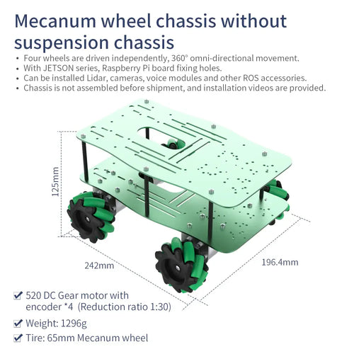 Yahboom Aluminum Alloy ROS Robot Car Chassis - Mecanum Wheel w/o Pendulum Suspension (EN Manual)