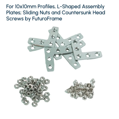 For 10x10mm Profiles, L-Shaped Assembly Plates (6 Pieces); Sliding Nut (50 Pieces) and Countersunk Screws (50 Pieces)