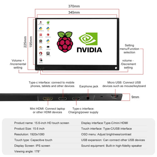 Yahboom 15.6 Inch HD Touchscreen Compatible w/ Raspberry Pi &amp; Jetson Nano (Manual in English Only)