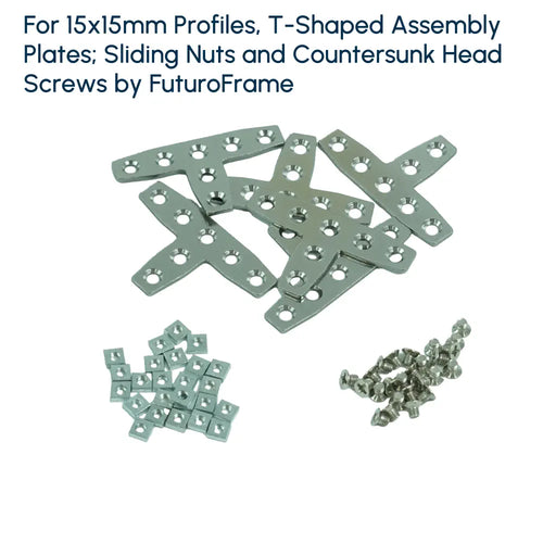 For 15x15mm Profiles, T-Shaped Assembly Plate (6 Pieces); Sliding Nut M4 (50 Pieces) and Countersunk Head Screw M4x5mm (50 Pieces)