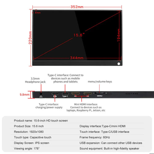Yahboom 15.6 Inch HD Touchscreen Compatible w/ Raspberry Pi &amp; Jetson Nano (Manual in English Only)