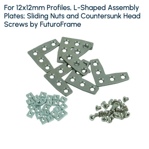 For 12x12mm Profiles, L-Shaped Assembly Plates (6 Pieces); Sliding Nut (50 Pieces) and Countersunk Screws (50 Pieces)