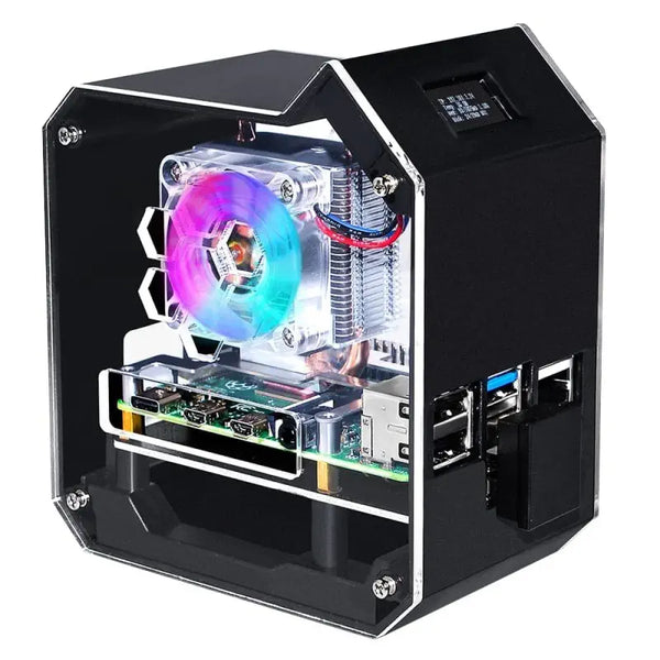 Mini Tower NAS Kit for RPi 4B, 2TB M.2 SATA SSD, Heat Dissipation, OLED Screen